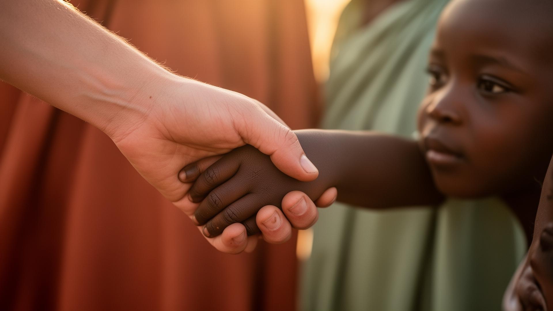 Una mano adulta che stringe la mano di un bambino togolese